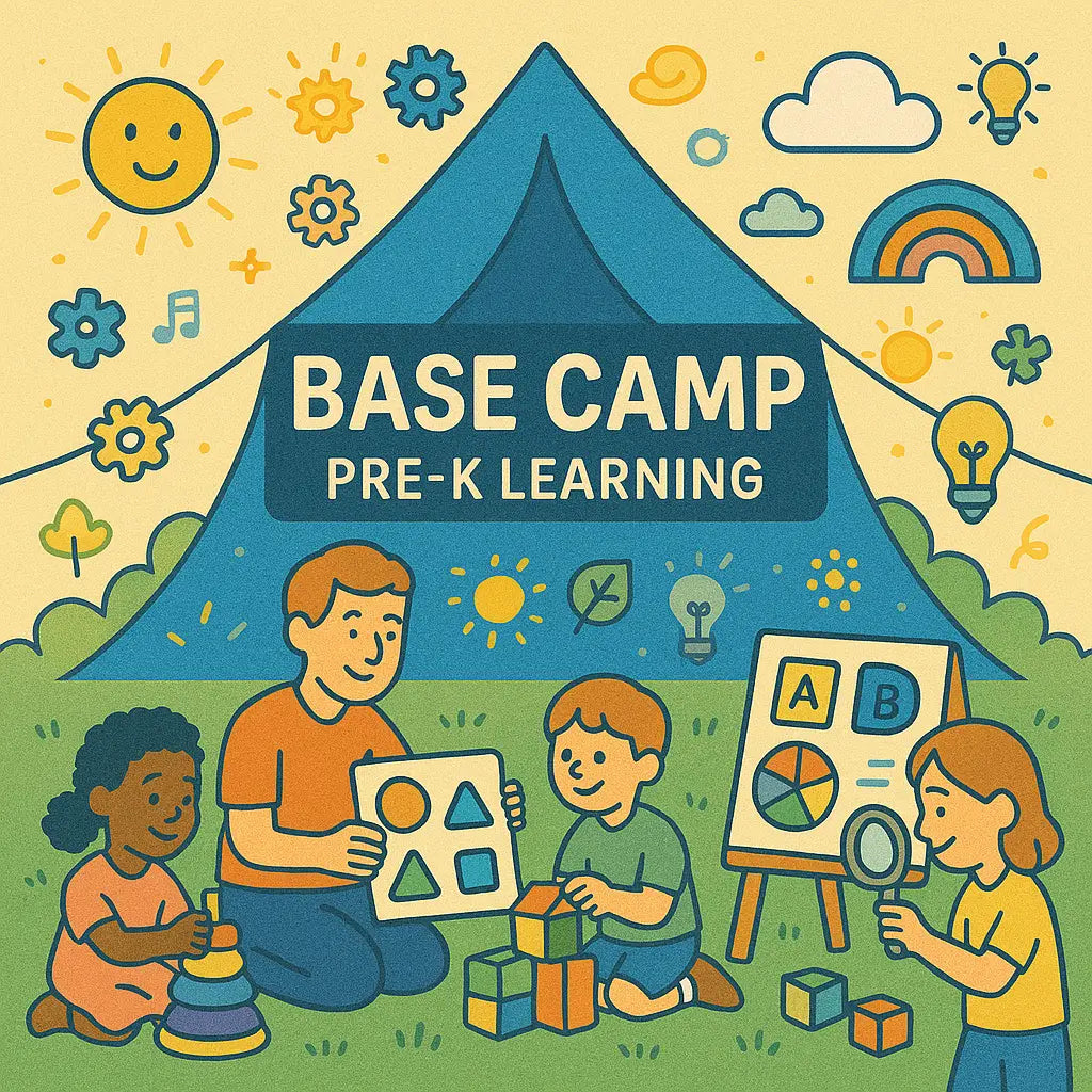Pre-K children learning through play with shapes, blocks, and nature-themed activities at Base Camp early education program