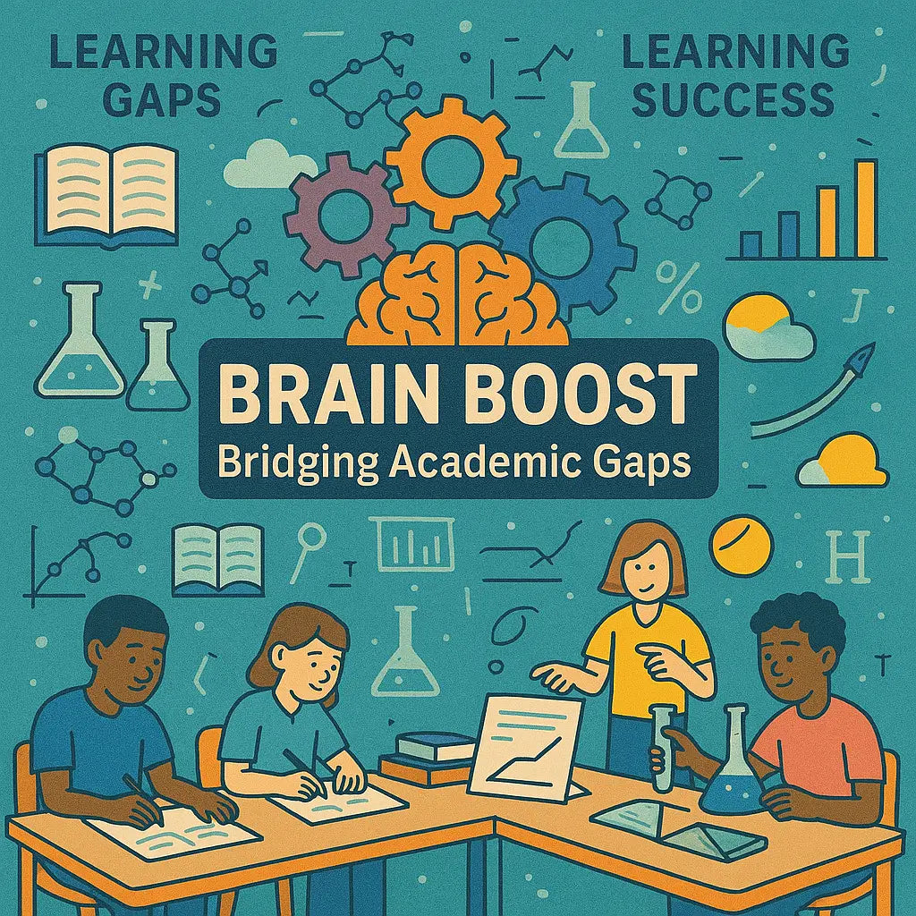 Students engaged in STEM activities with gears and brain icon representing academic growth and bridging learning gaps
