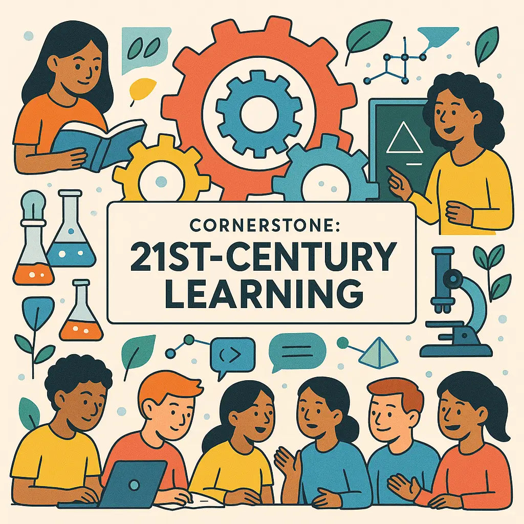 Illustration of diverse students and STEM icons promoting 21st-century learning and education tools