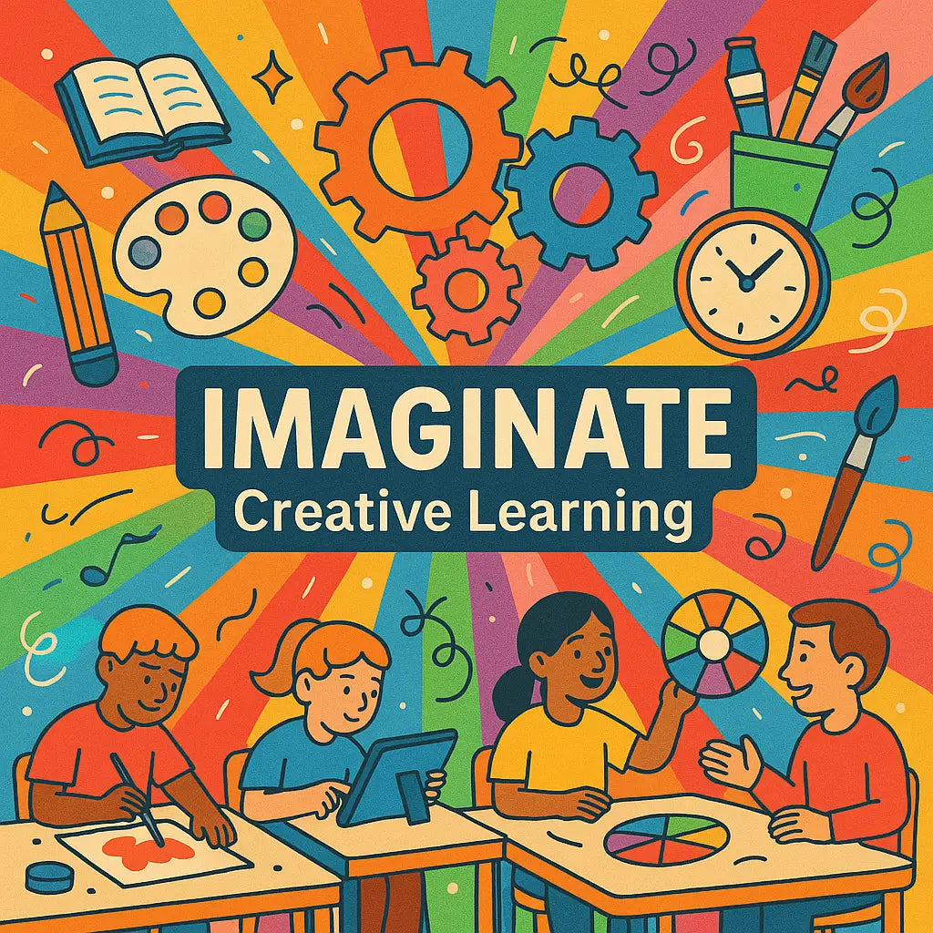 Colorful illustration of students engaging in creative learning with art tools, color wheels, and imagination icons