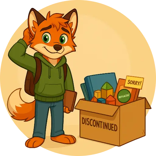 Full-body cartoon fox Milo scratching his head beside a box labeled "DISCONTINUED" filled with replaced kit items and a “SORR