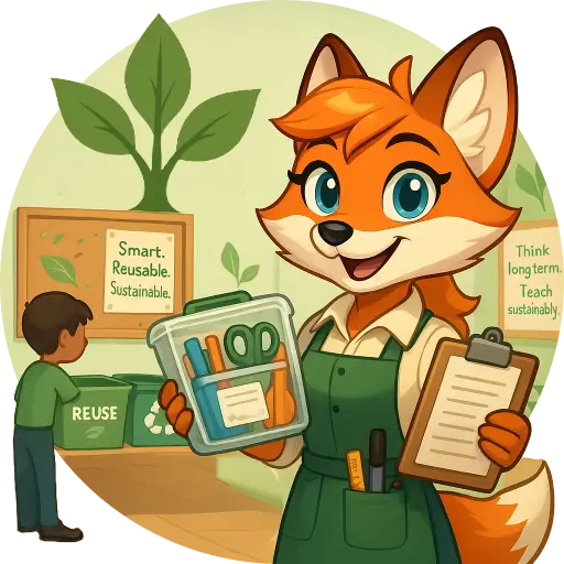 Mindi the fox stands in a green-themed classroom with a reusable kit and clipboard, promoting sustainability with student-fri