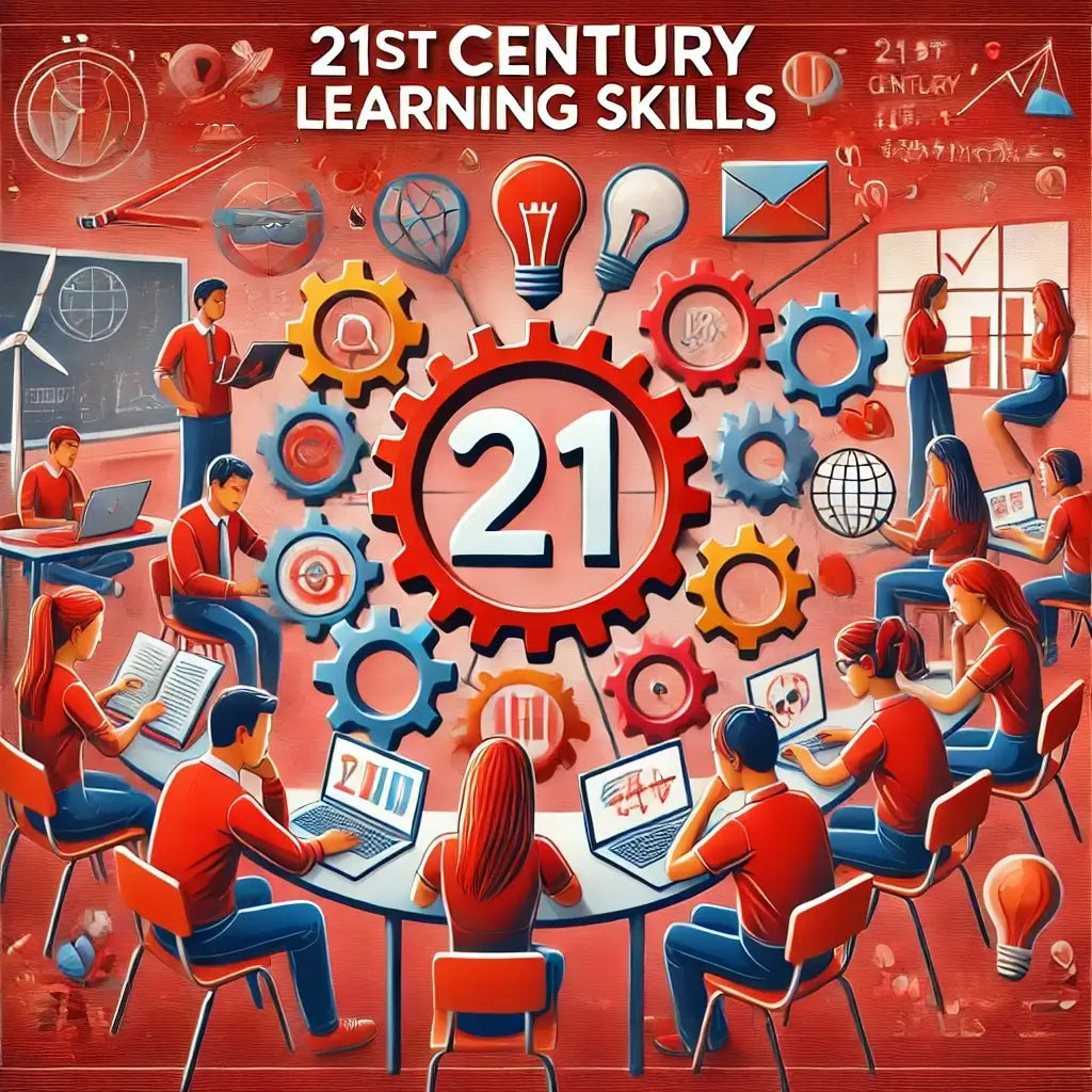 Students using laptops and collaborating in a tech-focused classroom, surrounded by icons for 21st century learning skills.