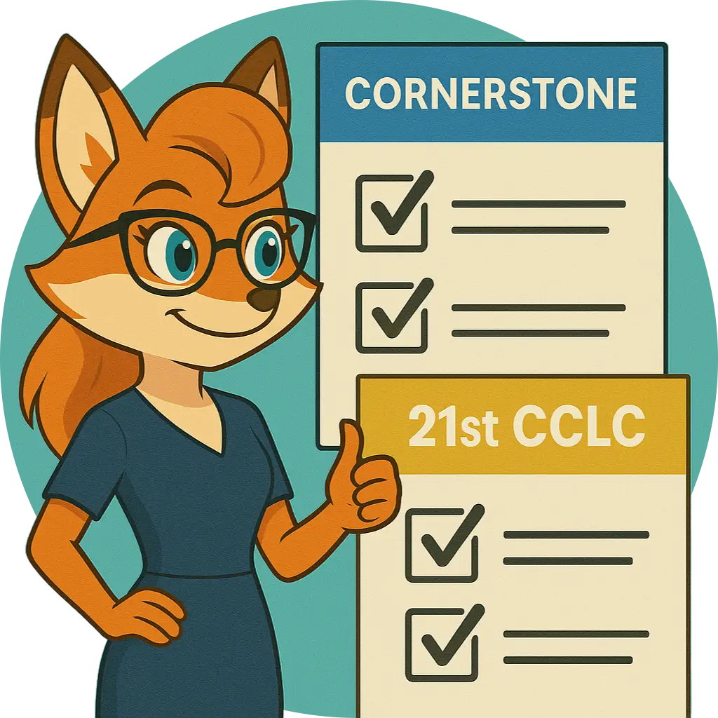 Mindi the fox in a fitted dress and glasses, confidently standing beside Cornerstone and 21st CCLC checklists, giving a thumbs-up