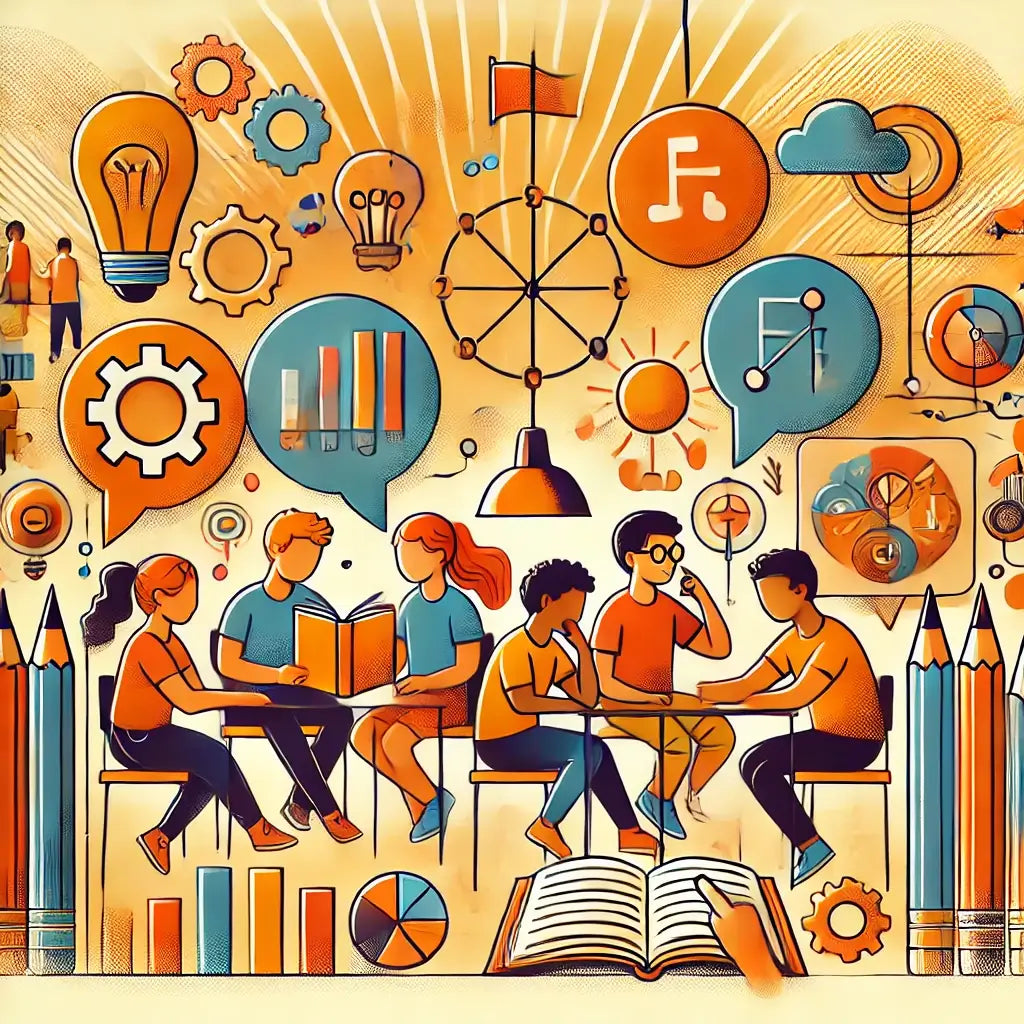 Students reading and working together, surrounded by icons symbolizing language, literacy, and learning concepts.