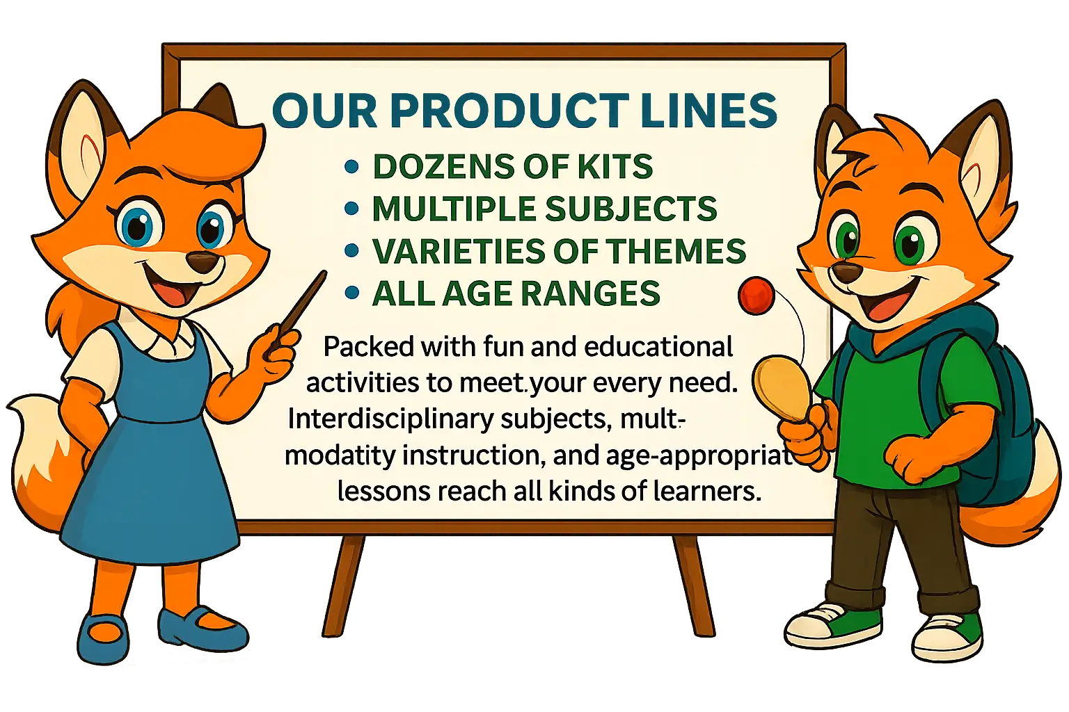 Mindi and Milo fox characters presenting educational product kits, subjects, and themes on a whiteboard