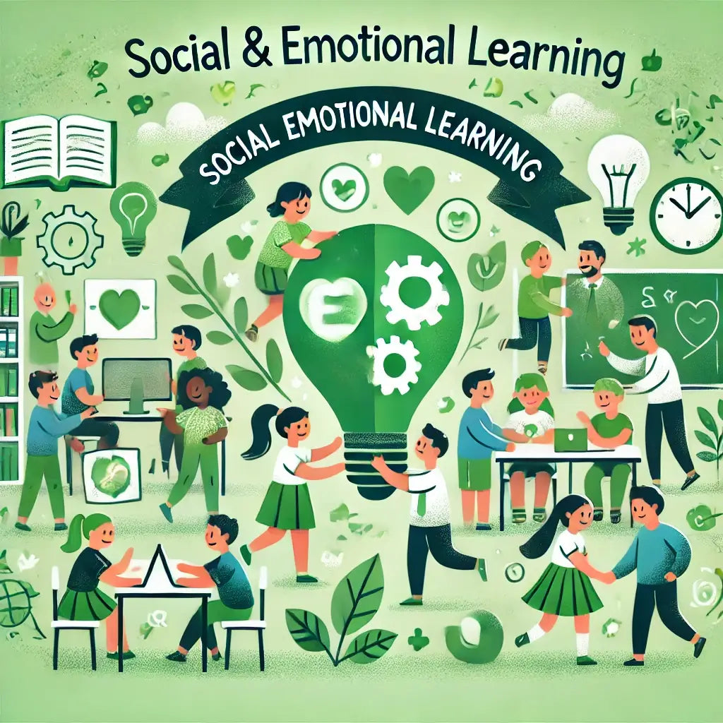 Students interacting positively and working together, surrounded by icons representing social and emotional learning.