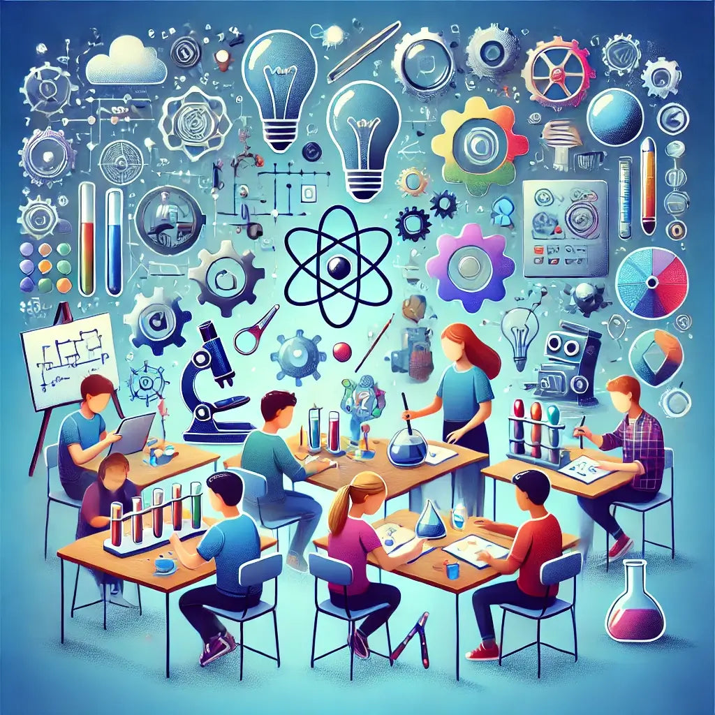 Students exploring science and engineering projects, surrounded by icons representing STEAM concepts and creativity.