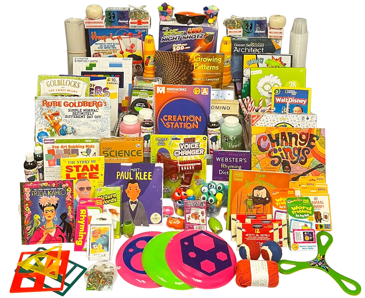 Educational activity kit with books, games, art supplies, and STEM tools for hands-on student learning.