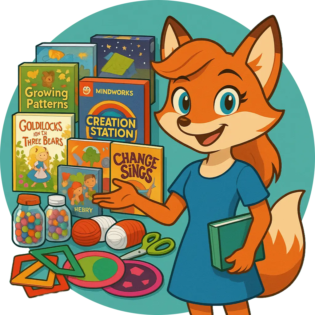 Mindi the fox with books, games, and art supplies, smiling and holding a green book.