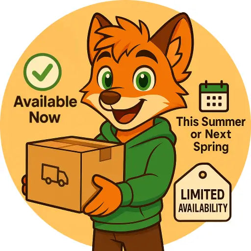 Milo the fox holding a box, surrounded by icons for Available Now, seasonal shipping, and Limited Availability.