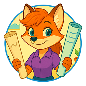 Mindi the MindWorks fox, smiling in a purple blouse and holding two rolled blueprints in a round classroom badge.