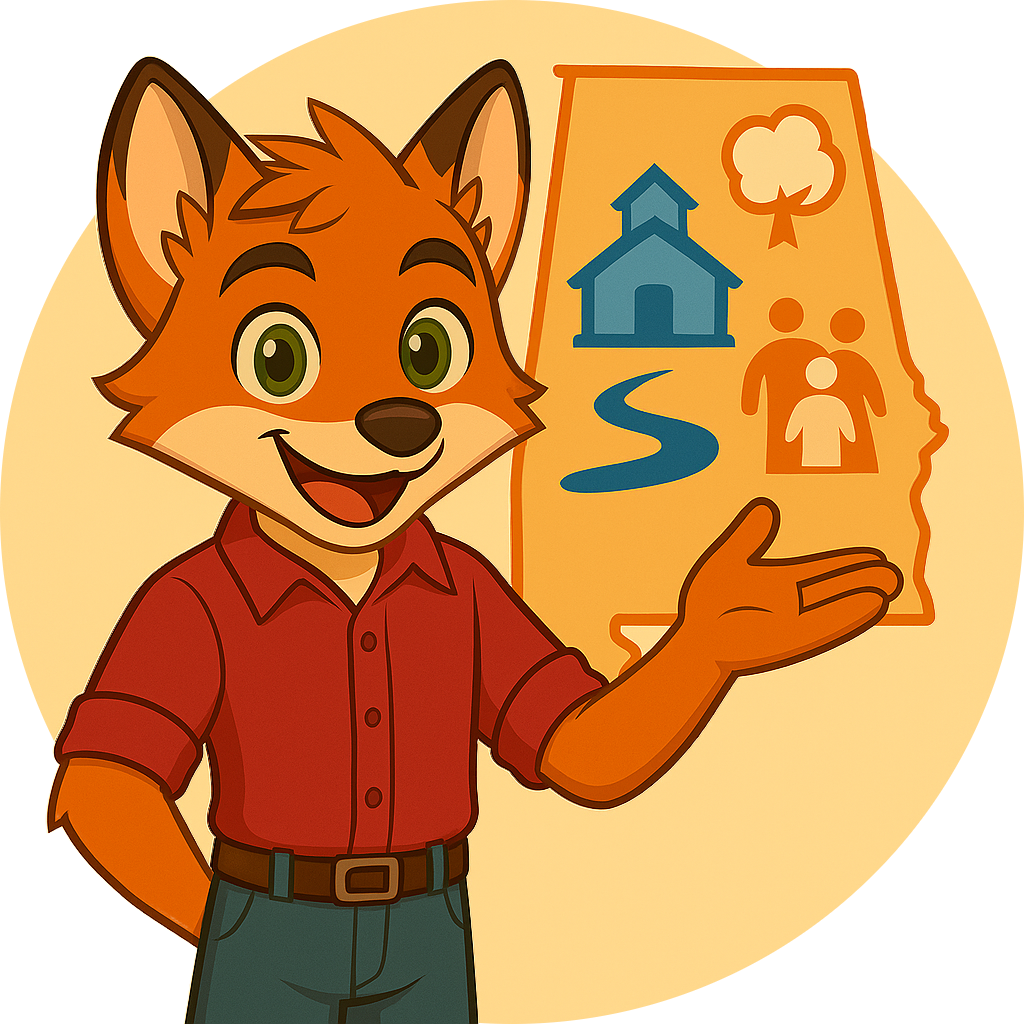The MindWorks Fox in front of the state of Alabama and associated landmarks and icons
