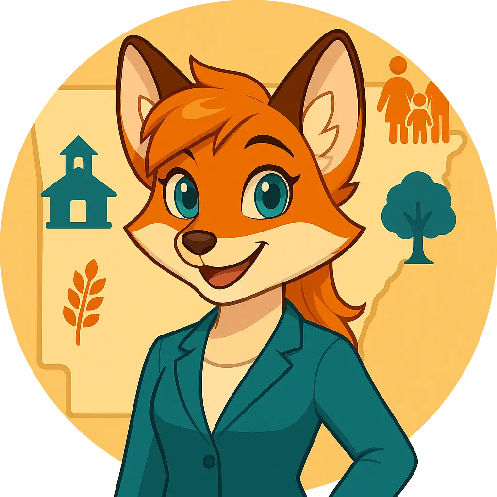 Mindi the fox stands in front of Arkansas symbols including a schoolhouse, wheat, a tree, and family icons on the state.