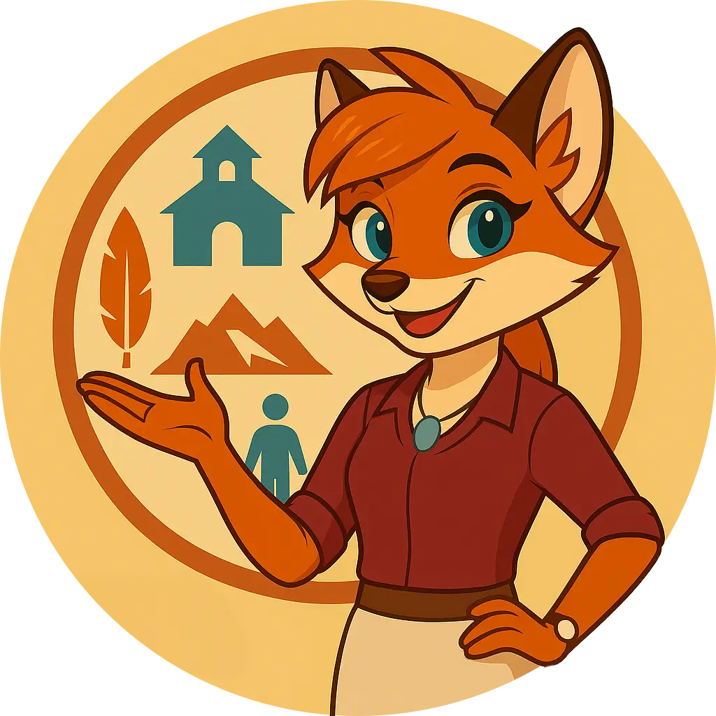 Mindi the fox stands by Bureau of Indian Affairs seal with icons of a feather, mountains, school, and person inside a circle.