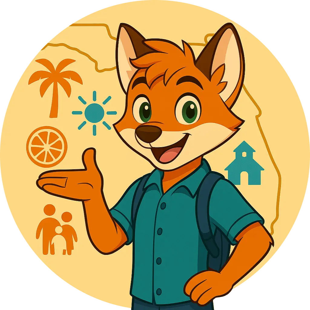Milo the fox stands in front of a Florida map with icons of a sun, palm tree, orange slice, schoolhouse, and family.