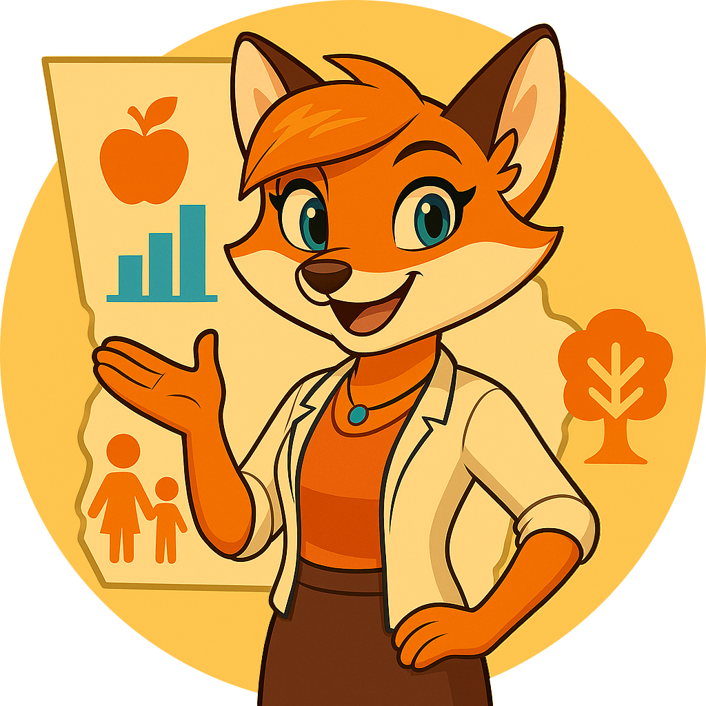 The MindWorks Fox in front of the state of Georgia and associated landmarks and icons