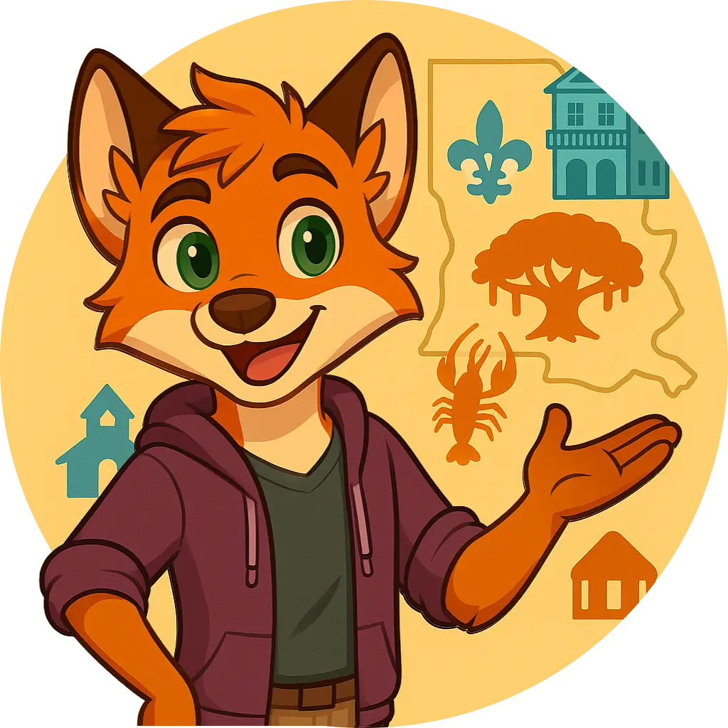 Milo the fox in a hoodie stands with a map of Louisiana, showing a bayou tree, crawfish, fleur-de-lis, and historic home.