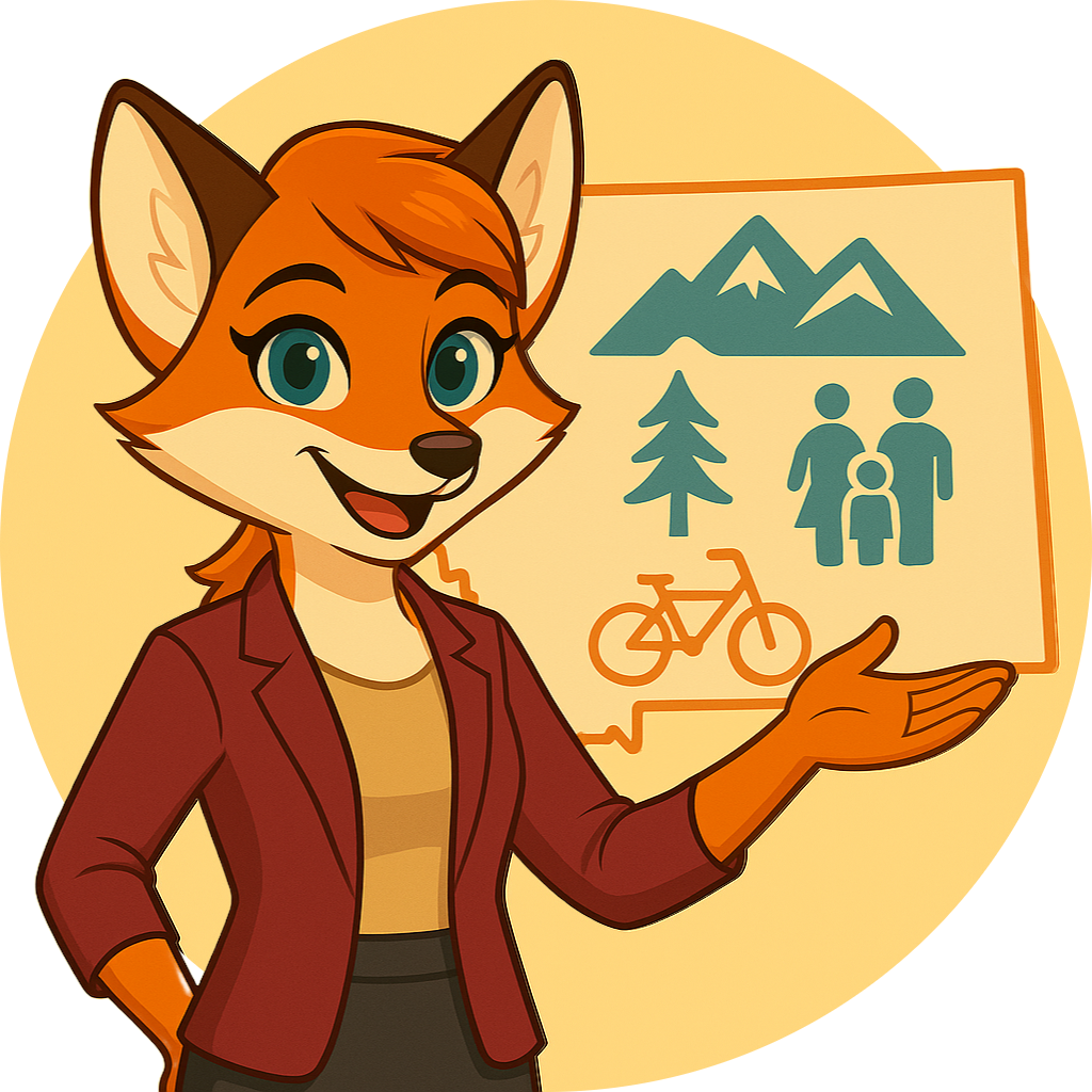 The MindWorks Fox in front of the state of Montana and associated landmarks and icons