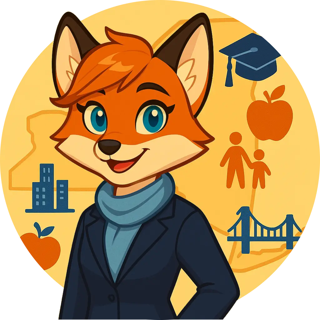 Mindi the fox in a navy blazer and scarf, standing before a New York map with icons of a cityscape, apple, and graduation cap