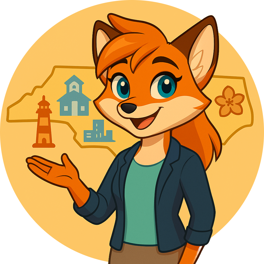 The MindWorks Fox in front of the state of North Carolina and associated landmarks and icons