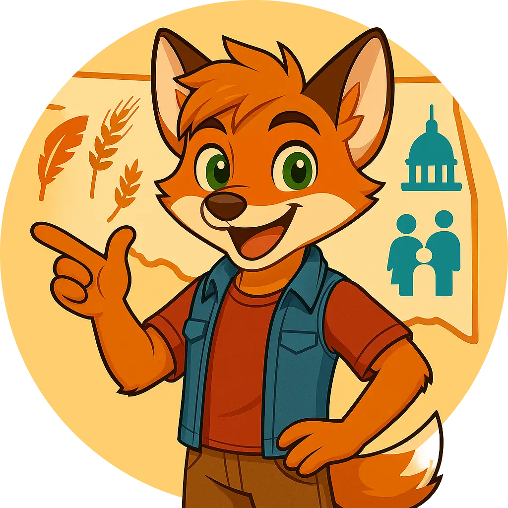 Milo the fox in a red shirt and blue vest, pointing to an Oklahoma map with icons of wheat, a capitol dome, and family.