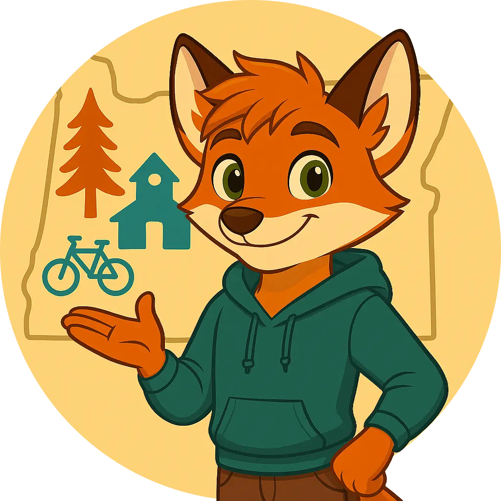 Milo the fox in a hoodie stands by an Oregon map with tree, schoolhouse, and bicycle icons.