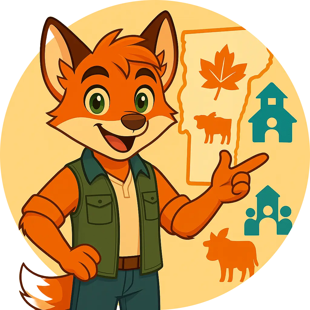 Milo the fox in a green vest and jeans, pointing toward a Vermont map with icons of a maple leaf, cows, and schoolhouses.