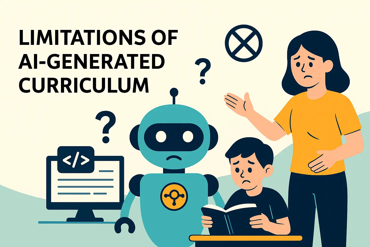 Illustration of a confused robot, student, and teacher highlighting the limitations of AI-generated curriculum in education