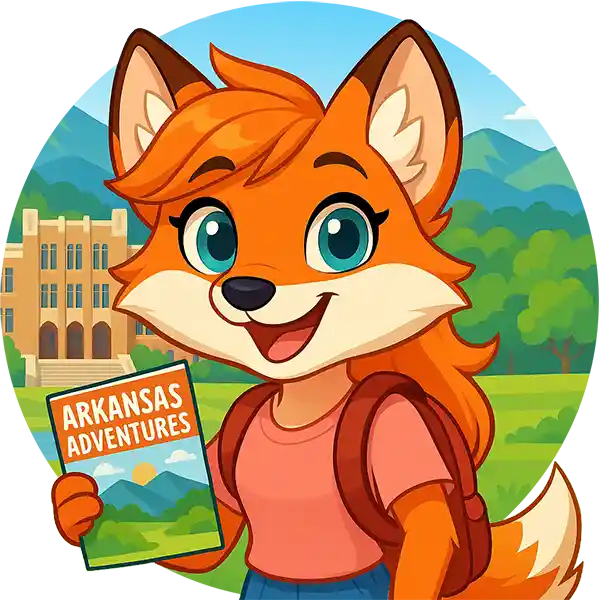 Mindi the fox stands with a backpack and holds an “Arkansas Adventures” book in front of a scenic campus and mountain view.
