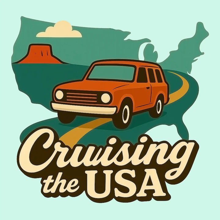 Vintage-style illustration of a car on a map of the USA with 'Cruising the USA' text.