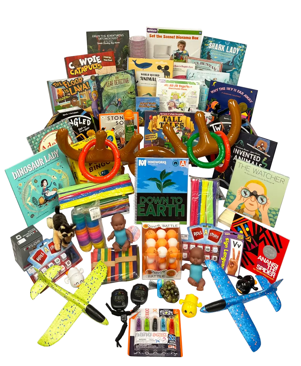 Down to Earth kit featuring books, crafts, games, and hands-on materials focused on nature, science, and global awareness.