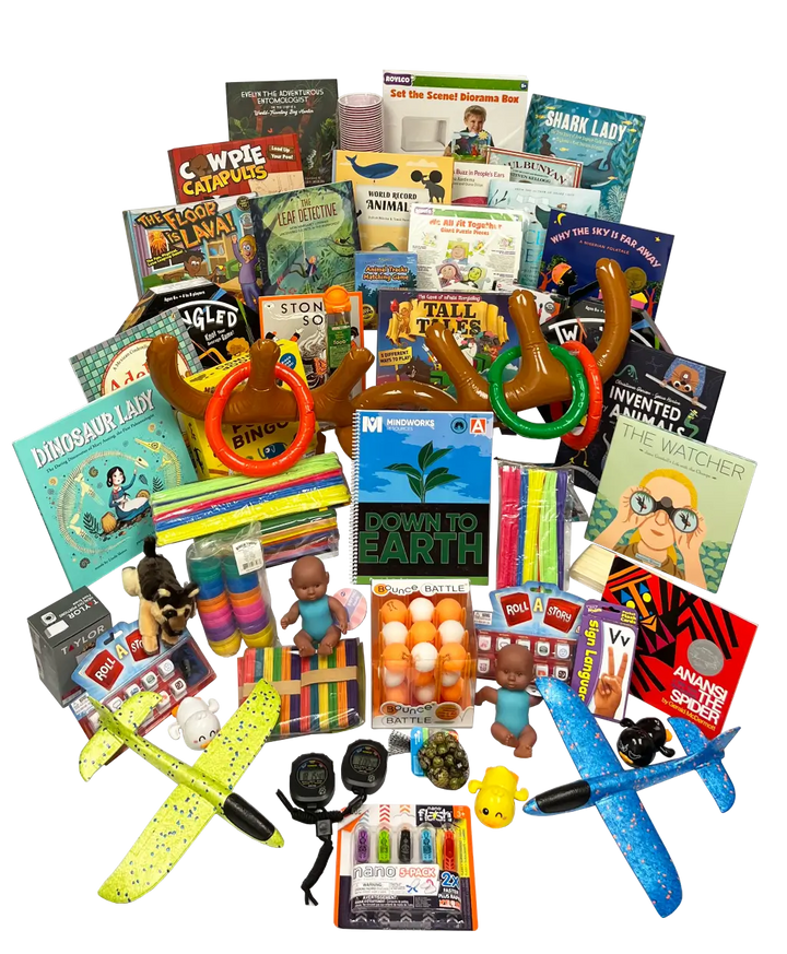 Down to Earth kit featuring books, crafts, games, and hands-on materials focused on nature, science, and global awareness.