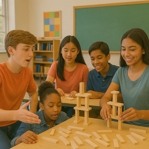 Children playing with wooden building blocks in a classroom setting