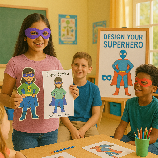 Children in a classroom setting with superhero-themed activities