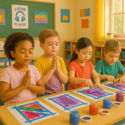 Children in a classroom setting with art supplies and a colorful wall display.