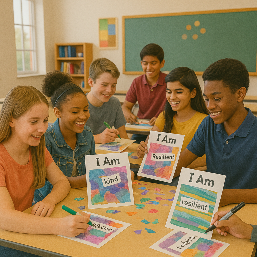 Children in a classroom setting with 'I Am' posters