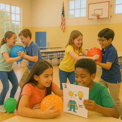 Children playing with balloons in a gymnasium setting