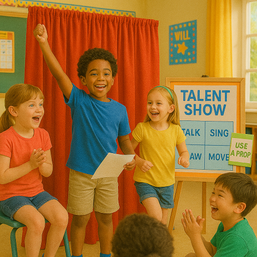 Children in a classroom setting with a 'Talent Show' sign, clapping and smiling.