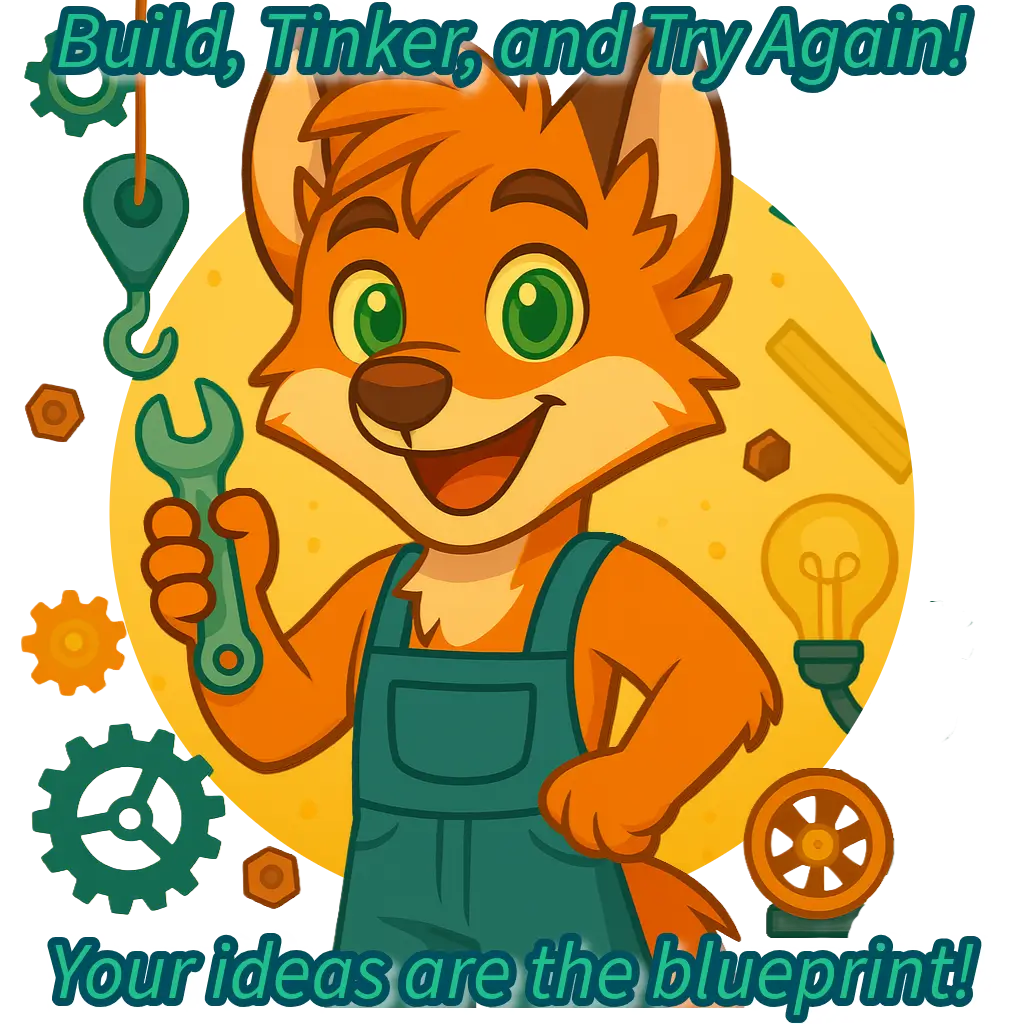 Milo the fox in blue overalls holding a wrench, surrounded by gears, pulley, and lightbulb on a yellow background.