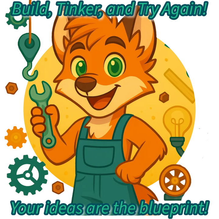 Milo the fox in blue overalls holding a wrench, surrounded by gears, pulley, and lightbulb on a yellow background.