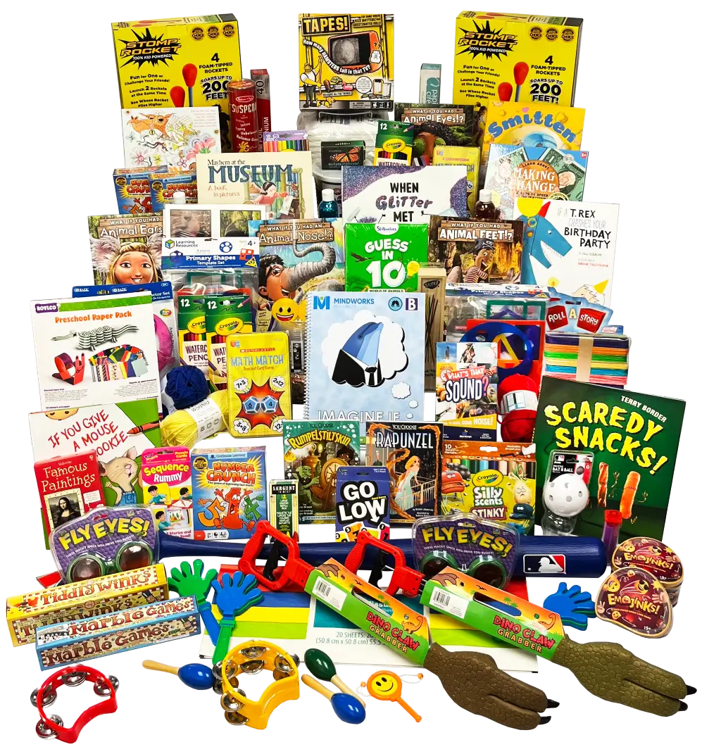 Imagine If kit filled with books, games, art supplies, and creative tools to spark imagination, learning, and playful discovery.