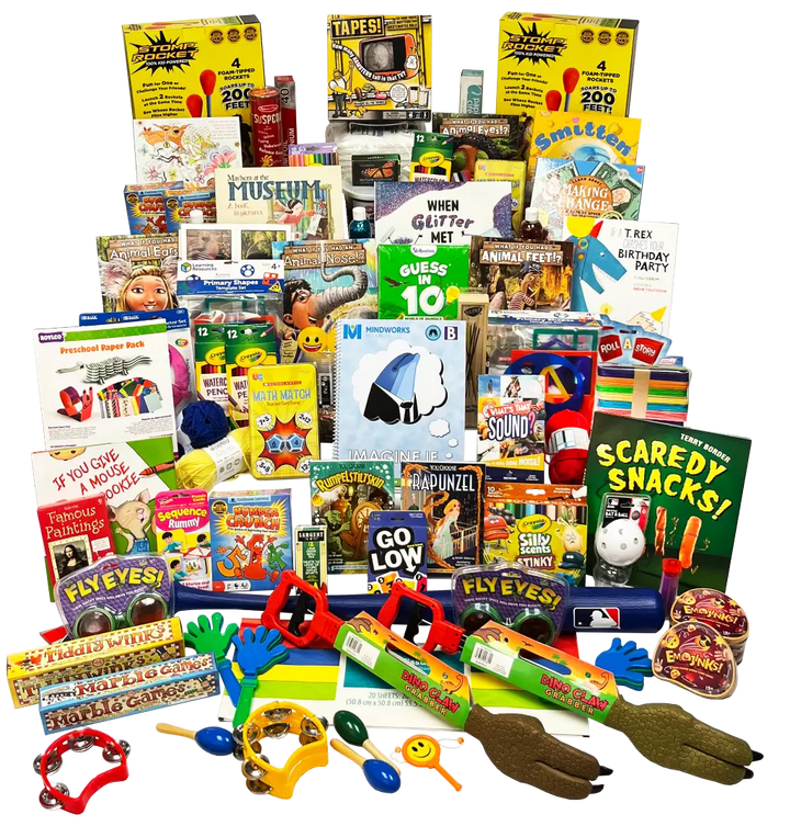 Imagine If kit filled with books, games, art supplies, and creative tools to spark imagination, learning, and playful discovery.
