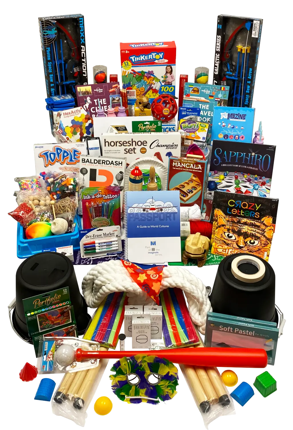Passport kit filled with multicultural games, art supplies, crafts, and hands-on activities for global learning and creativity.