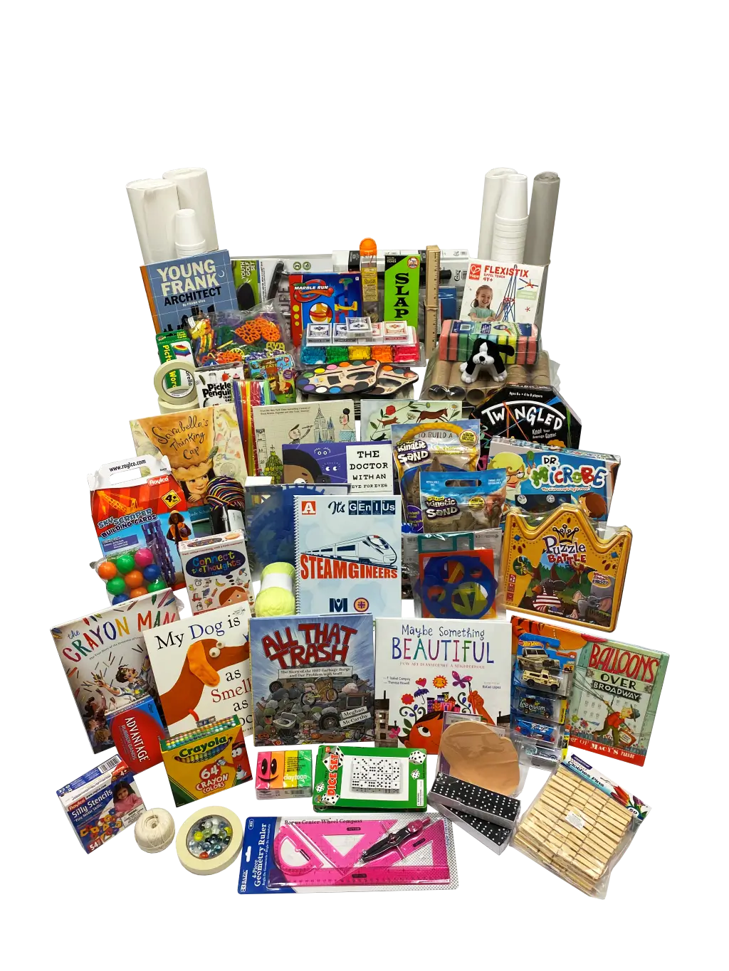 STEAMgineers kit filled with books, building tools, art supplies, and hands-on STEM activities for creative problem-solving.