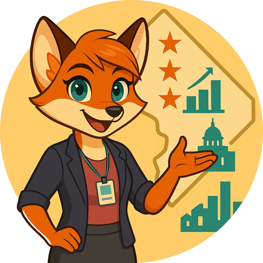 Mindi the fox stands before a D.C. map with stars, charts, and civic icons, wearing a blazer, smiling as she presents data.