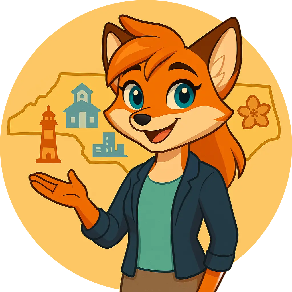 Mindi the fox in a blazer, presenting a North Carolina map with icons of a lighthouse, school, city buildings, and a dogwood.