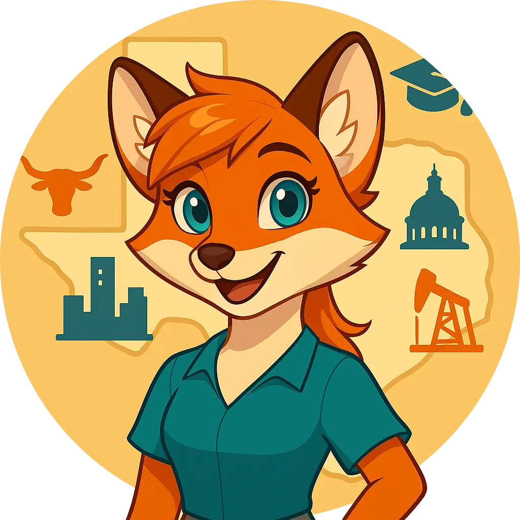 Mindi the fox smiling in a teal shirt, with Texas icons behind her including an oil rig, capitol dome, and longhorn symbol.