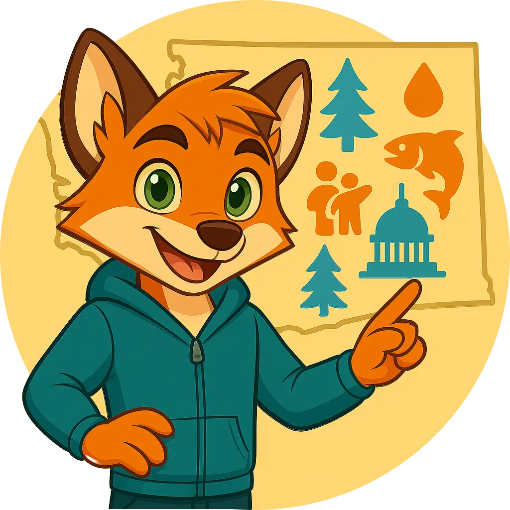 Milo the fox points to Washington state, shown with trees, salmon, water, families, and a capitol dome.