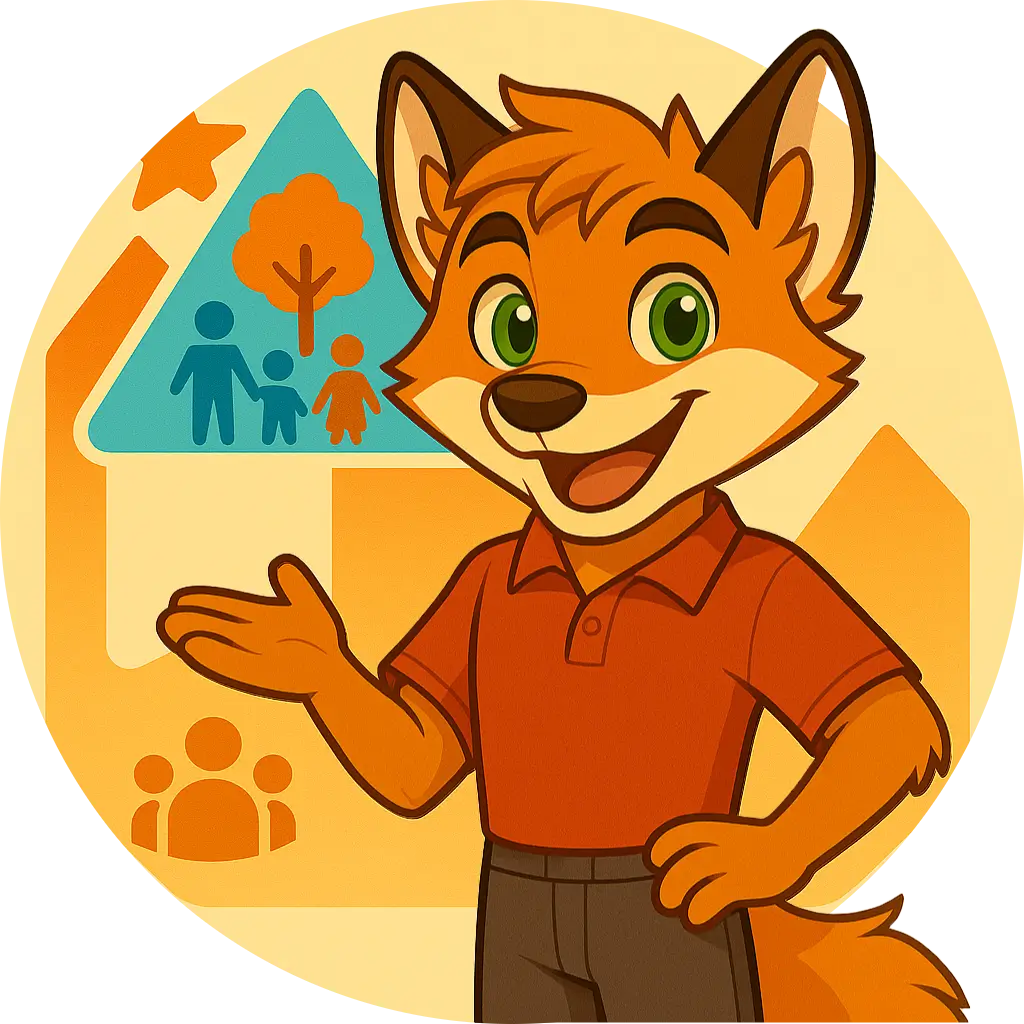 Milo the fox in a red polo gestures to YMCA symbols including a family, tree, star, and upward arrow on a stylized background